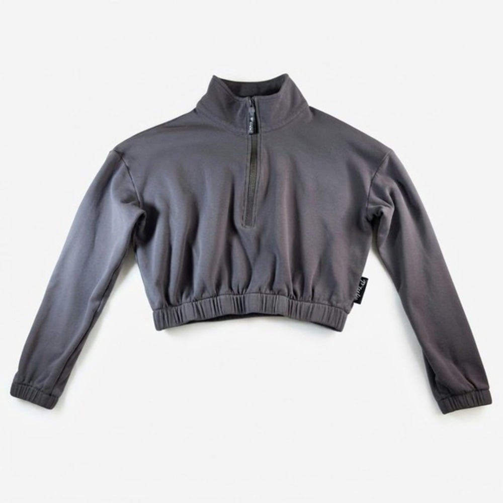 Ptula Women Charcoal Gray Cropped Quarter Zip Pullover Activewear Sweatshirt